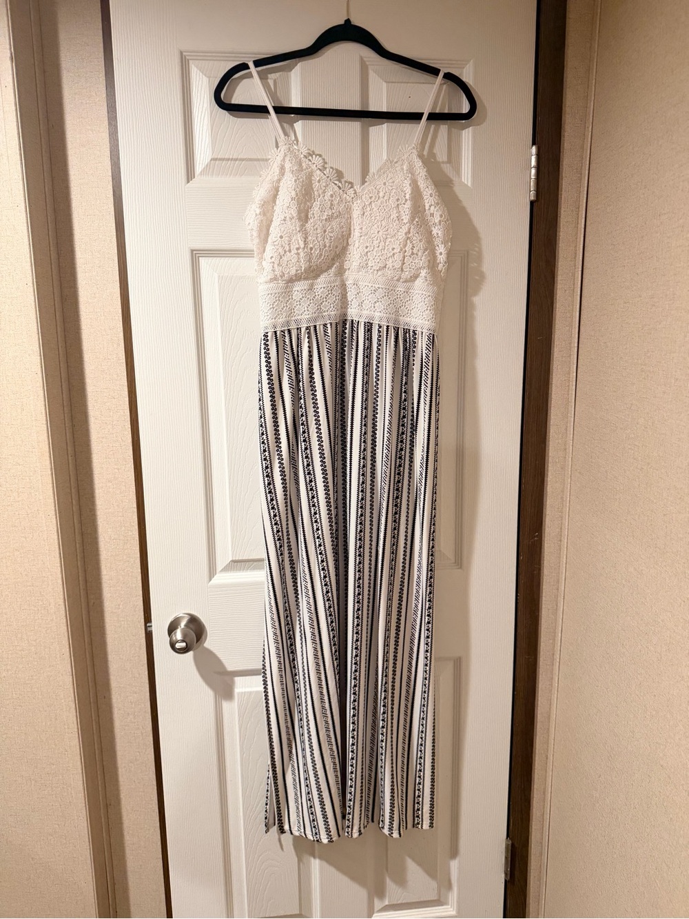 No Boundaries White Lace Bodice Striped Maxi Dress with Black Stripes
